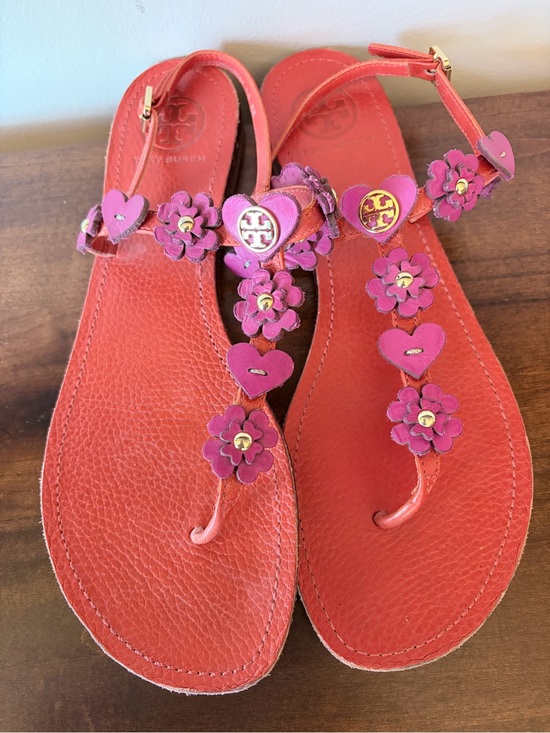 Tory Burch Shoes - Tory Burch Coral Red Leather Ankle Strap Sandals w/ Floral/Heart Detail -Sz 9.5